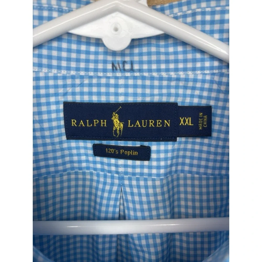 Ralph Lauren 120s Poplin Button Down Shirt Gingham Check Light Blue‎ XXL